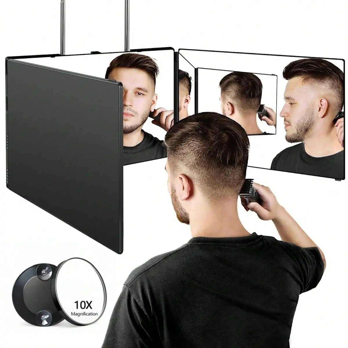 3-Way Trifold Hair Cutting Mirror 360-Degree View, Height-Adjustable Telescopic Hooks, 5X Magnified Mirror for Door &Wall Mounting, Makeup & Hair Styling