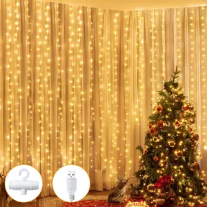 Silver Copper Wire Fairy Lights Curtain 200 LED 6.6x6.6ft USB Warm White Curtain Lights with Hook Waterproof Window Light for Bedroom Backdrop Wall Outdoor Indoor Decorations