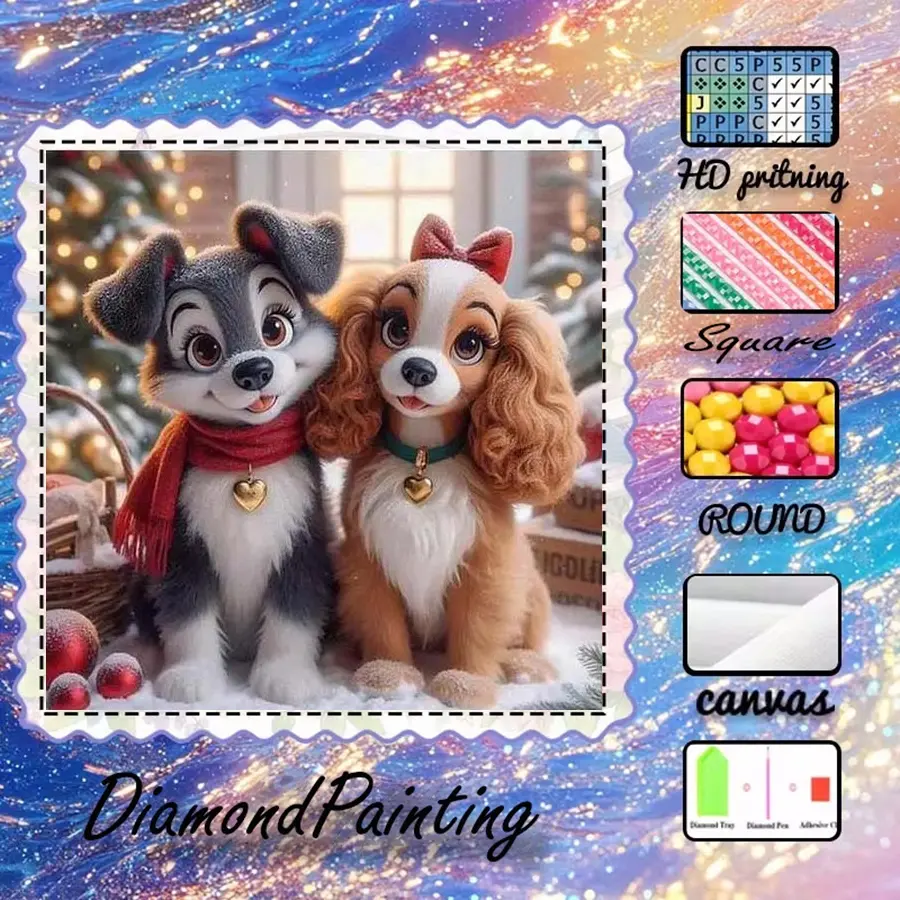 5D-DIY, DIY Kits, velvet canvas, diamond art, diamond painting kit, couple puppies, cute, Animals, warm AB diamonds, crystal diamonds, home decoration, handmade diamond art painting kit, special craft diamond art kit