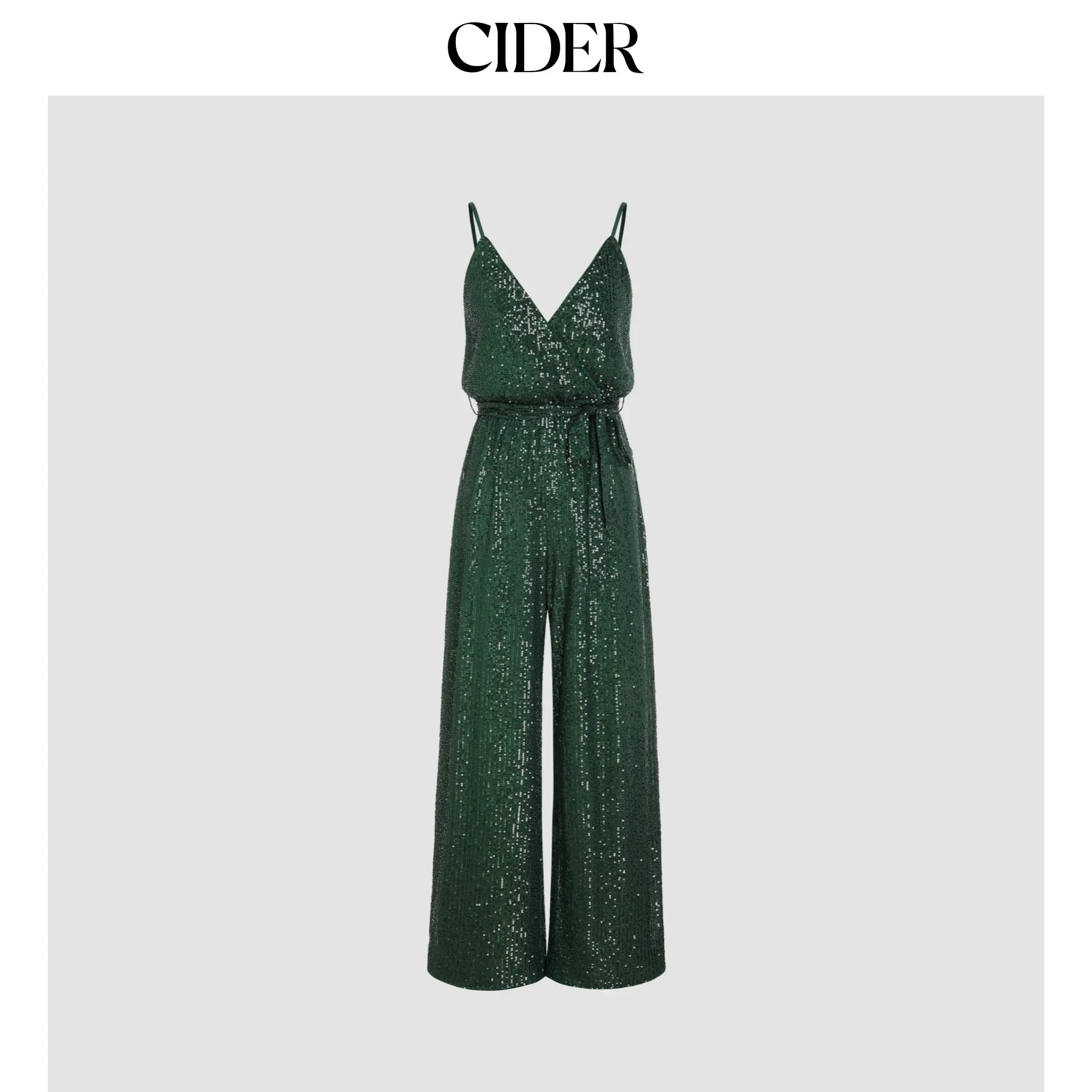 Cider Women's Solid Sequin Jumpsuit, Elegant V-Neck Long Sleeve Wide Leg Overalls for Party & Evening