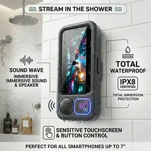 Waterproof Shower Phone Holder Built-In Bluetooth Speaker,360 Degree Rotatable Wall Mount Phone Box, Sensitive Touch Screen Waterproof Phone Cradle, Multifunctional Audio Device For Watching Movies Listening Music, Practical Bathroom Shower Wall Accessory