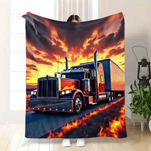 Vintage Semi-Truck Flannel Throw Blanket Soft Polyester All-Season Heavyweight Realistic Semi-Truck & Flames Design Golden Red Cozy Sofa Bed Floor Blanket for Truck Drivers Home Decor Ideal Gift for Trucking Enthusiasts