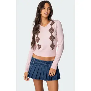 Edikted Women's Argyle V Neck Knit Sweater