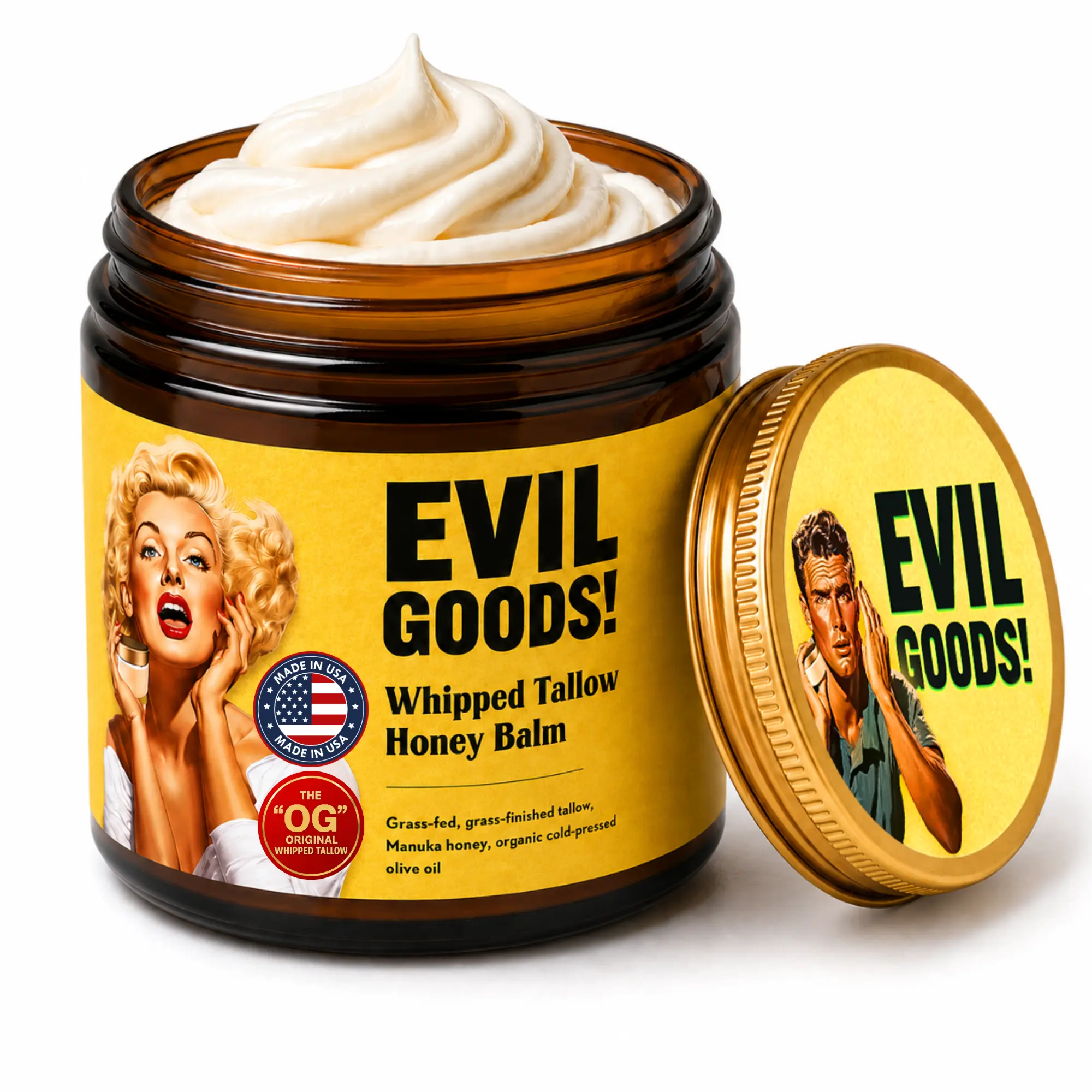 EVIL GOODS! Whipped Beef Tallow & Manuka Honey Balm 4oz — Grass-Fed Tallow, Manuka Honey & Olive Oil Face and Body Moisturizer for Dry Skin — Dermatologist-Tested, Cruelty-Free, Made in USA