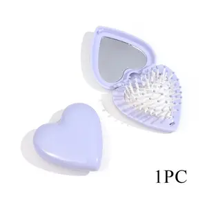 1PC Mini Heart Folding Hair Brush with Mirror – Portable Travel Hair Comb for Purse, Cute Compact Styling Tool for On-the-Go Touch Ups pocket size makeup tool