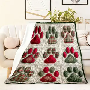1PC Christmas Dog Paw Print Blanket Winter Warm Flannel Throw for Couch Soft Thick Fleece Decorative Blanket Holiday Gift for Pet Lovers Xmas Decoration Cozy Plush Sofa Cover Festive Home Decor