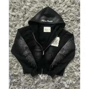 Hell in Paradise Street Retro Gothic Style Zip Up Hoodie Embroidery Patchwork Hoodies Loose Sweatshirt Men Clothing Menswear Sleeve Tops Y2K