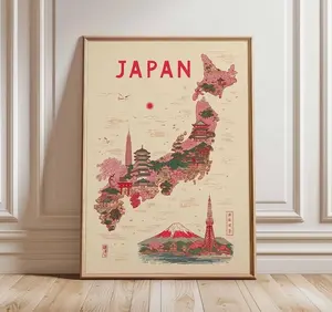 Japan Map Poster, Vintage Travel Wall Art, Japanese Landmarks Illustration