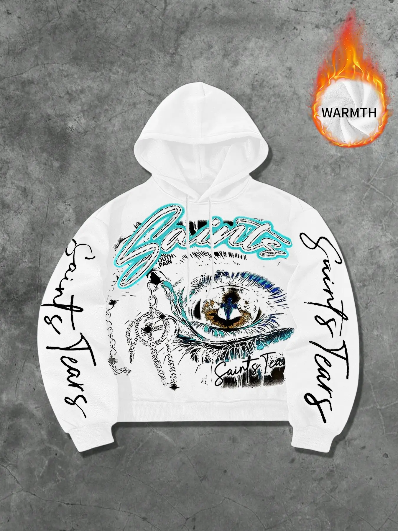 Men's Fleece Hoodie Autumn Winter Trendy Eye Chain Print Pullover, Loose Fit Hip Hop Streetwear Couple