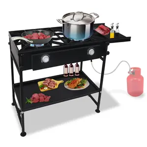 High Heat Double Burner Stove With Shelves for Outdoor Cooking