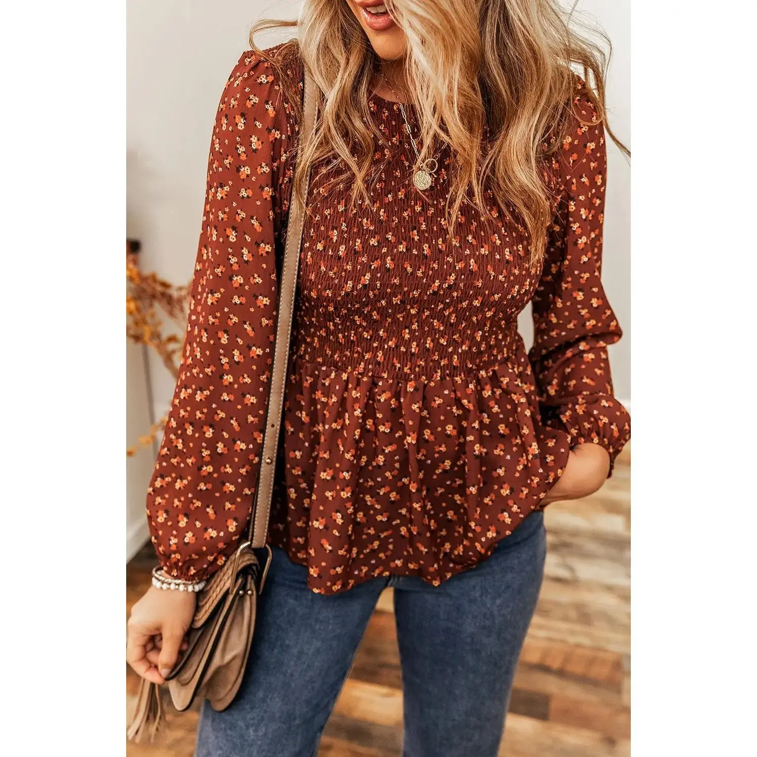 Floral Smocked Ruffle Hem Long Sleeve Blouse