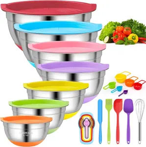18pcs Mixing Bowls with Airtight Lids, Stainless Steel Nesting Mixing Bowls Set Non-slip Silicone Bottom, Size 4.5, 3.6, 2.7, 2.1, 1.7, 1.1, 0.7 qt, Fit for Mixing & Serving(Colorful)