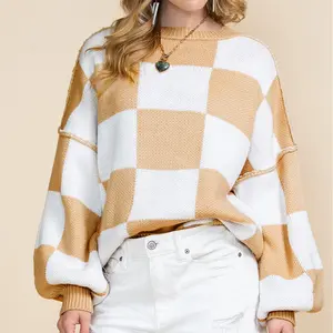 Shewin Women's 2026 Chic Ribbed Plaid Checkered Polyester Knit Cardigan - Loose Oversized V-Neck Longsleeves Lady Top, Soft, Ideal for Layering, Casual & Outdoor Style