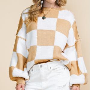 Shewin Summer Outfit Women's  Chic Oversized Crew Neck Long Sleeve Checkerboard Knit Casual Tops, Polyester Loose-Fit Style DealsForYouDays