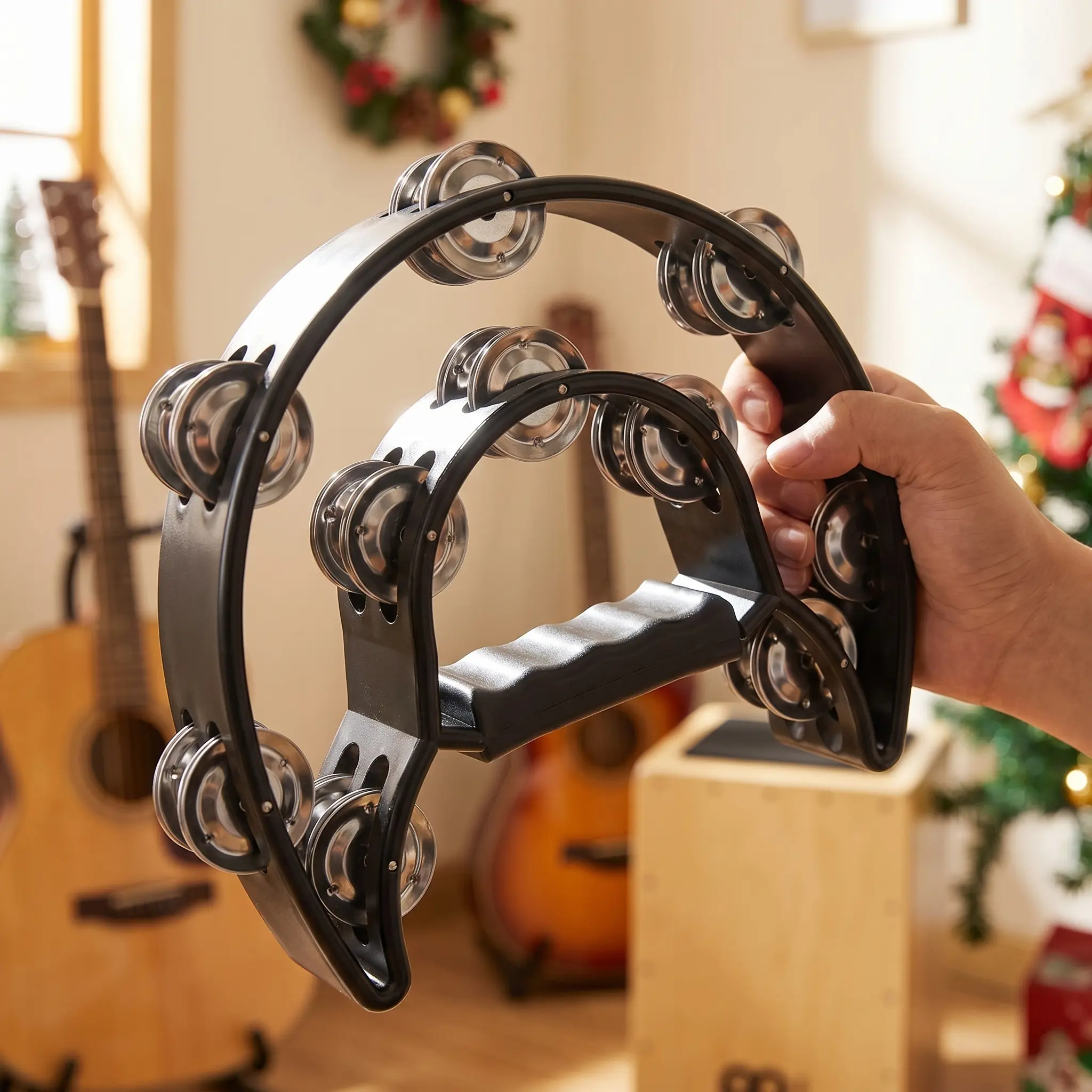 Half Moon Tambourine  Double Row Metal Jingles Hand Drum with Comfortable Grip