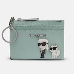 Karl Lagerfeld Paris Zip Card Holder Wallet Sleek Designer Everyday Essential Mint Hue with Karl & Choupette Graphic