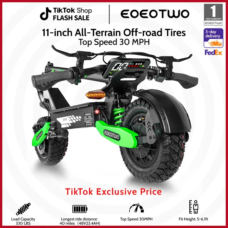 EOEOTWO GT06 Adult Sporty Portable Folding Lithium Battery Electric Scooter - 1200W Motor, 40 mi Range, 30 MPH Speed, 11-in Pneumatic Tires, LED Screen, Double Suspension, 330 Lbs Max Load, 23.4ah, 35° Hill Climbing, 90% Road Shock Cut for Commuting