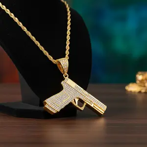 MaxBling81 Men's Hip Hop Gold Plated Large Hand Gun Pendant 5mm 30" Rope Chain Bling Necklace High Quality Polished Jewelry Perfect Gift