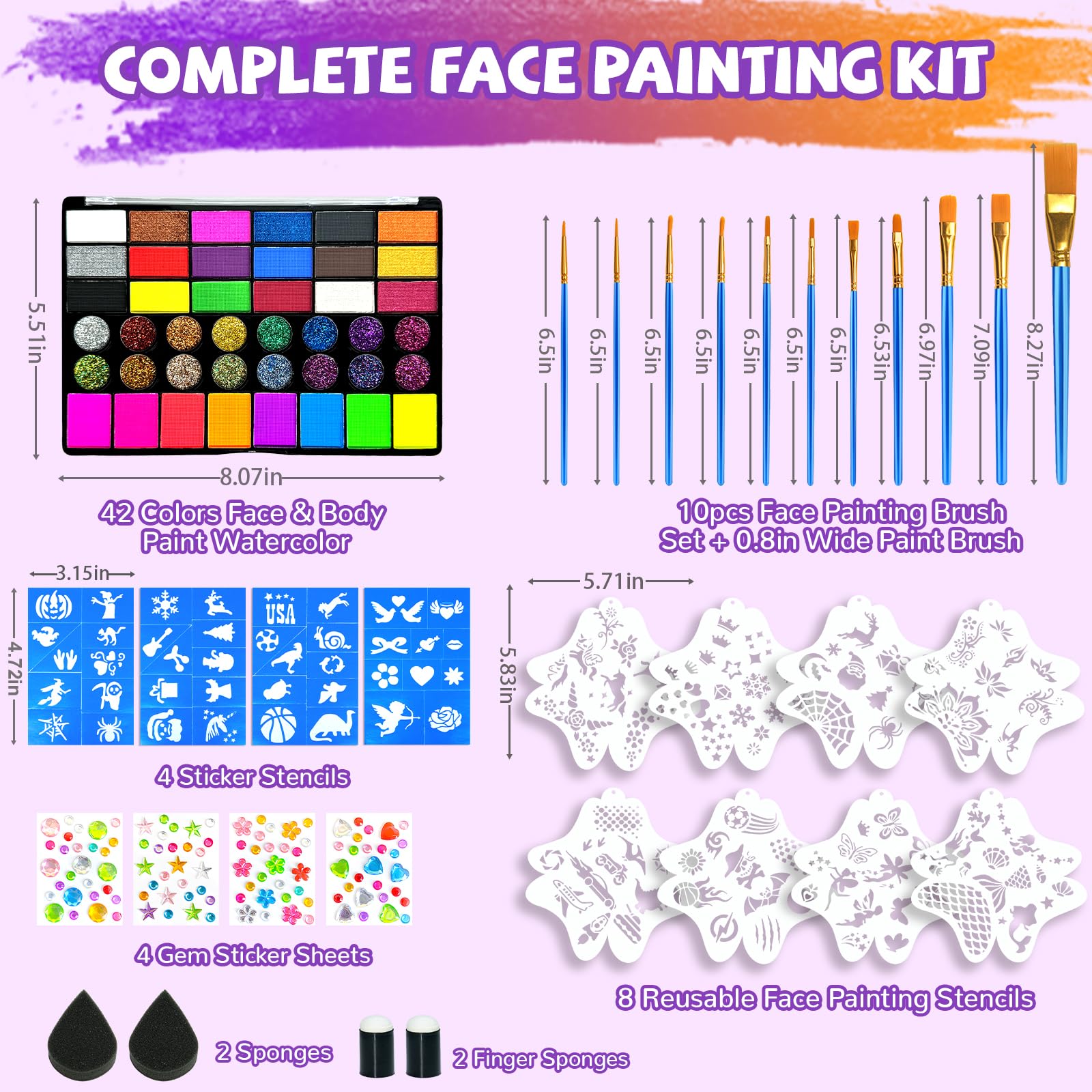 Professional Face Painting Kit for Kids 42 Color Water Activated Makeup with Stencils Gems Brushes for Halloween Parties Carnival School Event Festivals Non-Toxic Gentle Formula Coverage
