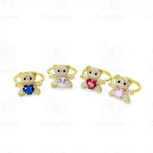 Bear Ring with Sparkling Cubic Zirconia and Heart Detail in Gold Tone for Stylish Accessory variants color to color