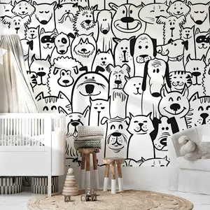 Removable and Pet Graffiti Wallpaper, Hand-Drawn Cartoon Cat Dog Wall Art, Fun Animal Decor for Living Room/dining Room/bedroom