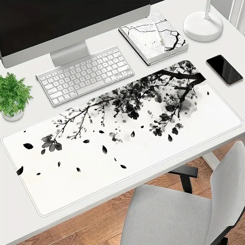Japanese Plum Blossom Mouse Pad White Desk Mat Extended XL MousePads Office Desk Supplies Office Desk Accessories- Multicolor Non-Slip Stitched Edge Computer Mat For Desk 35.4x15.7 Inches Rubber Base Keyboard Pad for Office & Home