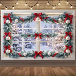 2D Flat Christmas Window Snowy Scene Extra Large Garage Backdrop, HD Printing Photo Booth Poster Indoor Outdoor Decor Perfect for Birthday Anniversary Party Supplies Easy Hanging Wall Banner, Party Banner