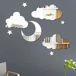 3D Moon Cloud Mirror Wall Sticker, Acrylic Material, Self-Adhesive Decorative Moon Star Cloud Wall Decal for Baby Children Living Room Bedroom Nursery, Decorative Themes, Space Theme Design