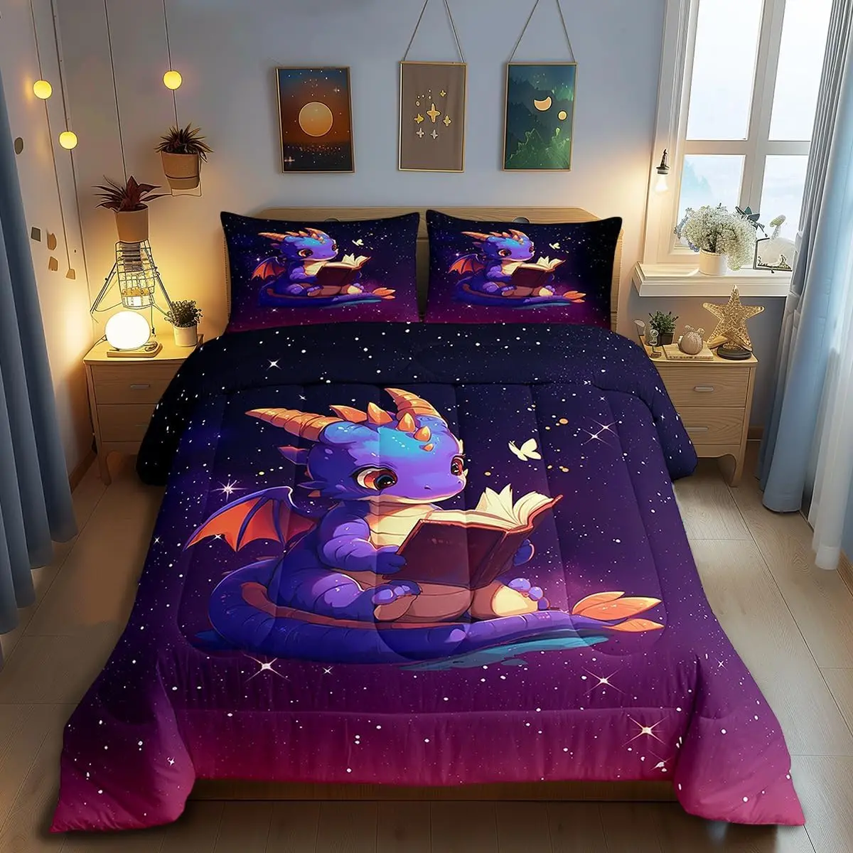 Lovely Dragon Comforter Set Purple Black Ombre Galaxy Bedding Set Bedroom Decor Cartoon Dragon Book Quilt Set Dreamy Glittering Print Starry Duvet Insert