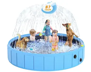 Foldable Dog Pool with Sprinkler, 87 in Extra Large Dog Swimming Pool, Outdoor Collapsible Pet Bathing Tub for Pets Dogs Cats and Kids (87" D x 12" H, Blue)