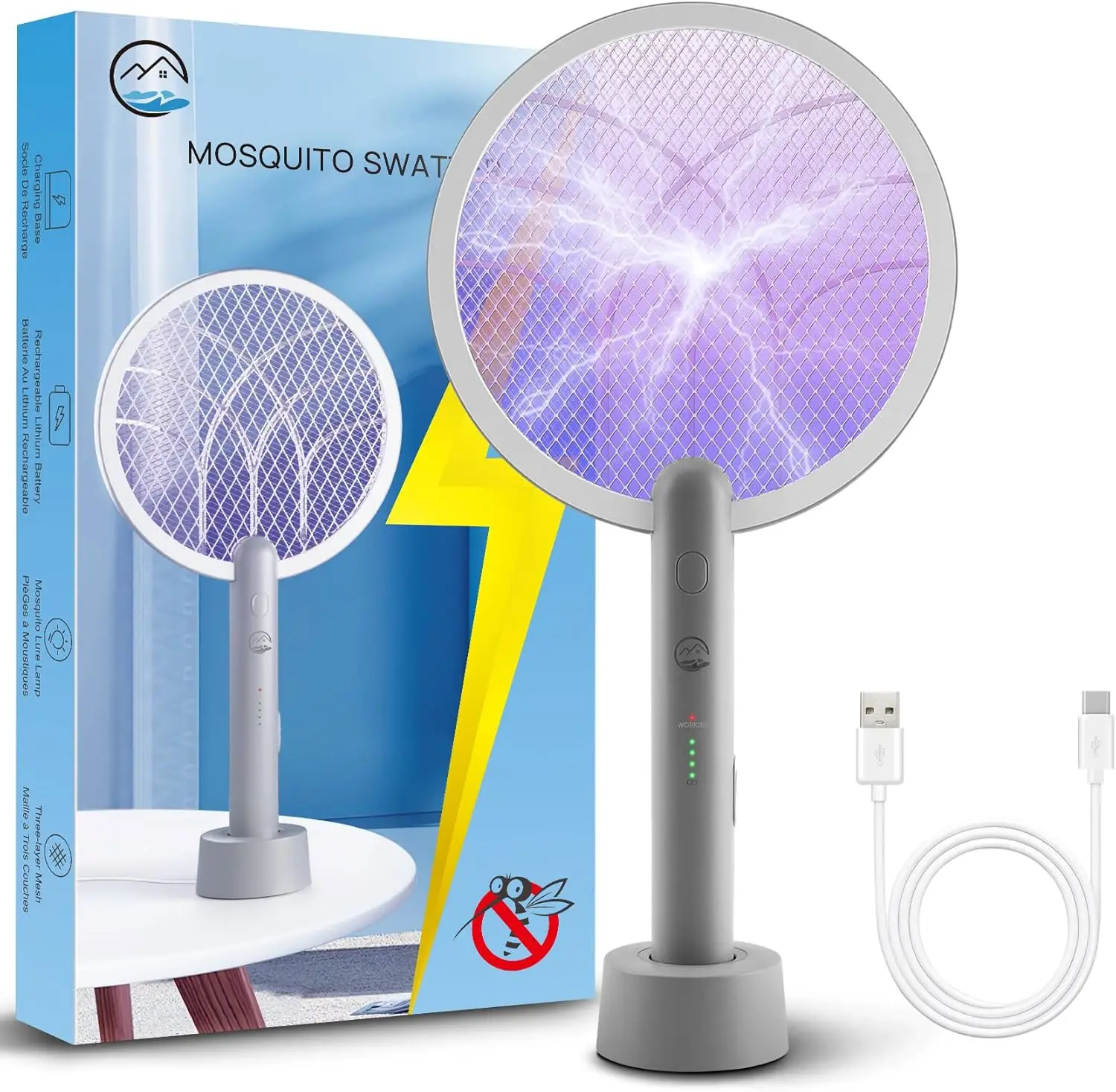 Smart Rechargeable Fly Swatter Racket, Mosiller 1800mAh Smart Powerful Bug Zapper Indoor & Outdoor with USB Rechargeable Base, LED Powerful Mosquitoes