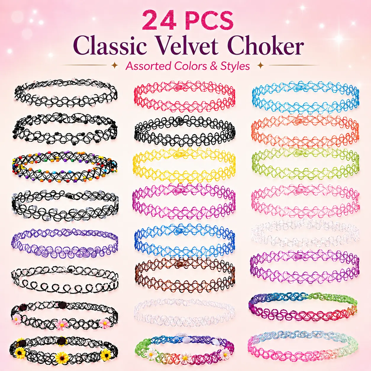 Classic Velvet Choker Necklace Set - 24pcs Multi-Color Ribbon Collars for Women