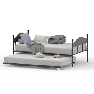 Garvee Twin Daybed with Foldable Metal Trundle, Stylish Headboard, Industrial Lockable Casters, and Sturdy Frame for Living Room, Bedroom, and Guest Room in Black