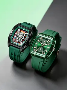2 Pcs Men's Barrel Watch, Mechanical Quartz, Street Style, Hollow Out, Dual Dial, Silicone Strap, Casual, Sporty, Hip Hop, Versatile, Analog Quartz Watches
