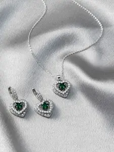 Sparkling Rotatable Heart Necklace & Dangle Earrings Set with Spinning Green Star Stone, Silver Plated Pave Zirconia Fidget Jewelry Gift for Women