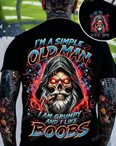 Chaosmoda Gen X Custom Year Skull Graphic Tee | I'm A Simple Old Man Grumpy And I Like Boobs Funny Vintage Dad Shirt Soft Breathable