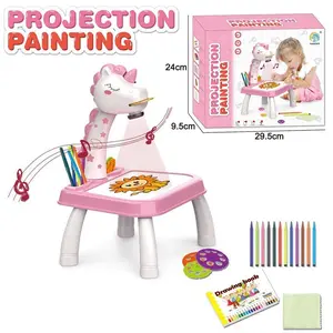 Drawing Projector Table for Kids - Trace & Draw Projector Toy with 12 Pens & 40 Patterns | Educational Painting Board Set with Light & Music | Early Learning Gift for Kids (Pink Unicorn)