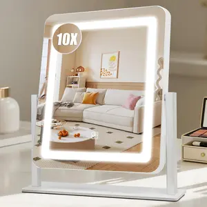 Rechargeable  Mirror with Lights, 3000mAH , 15"x12.2" LED Makeup Mirror, 10X Magnification,   with 3-Color Lighting, 360? Rotation, Lighted Up for Makeup Desk, Bedroom (White)