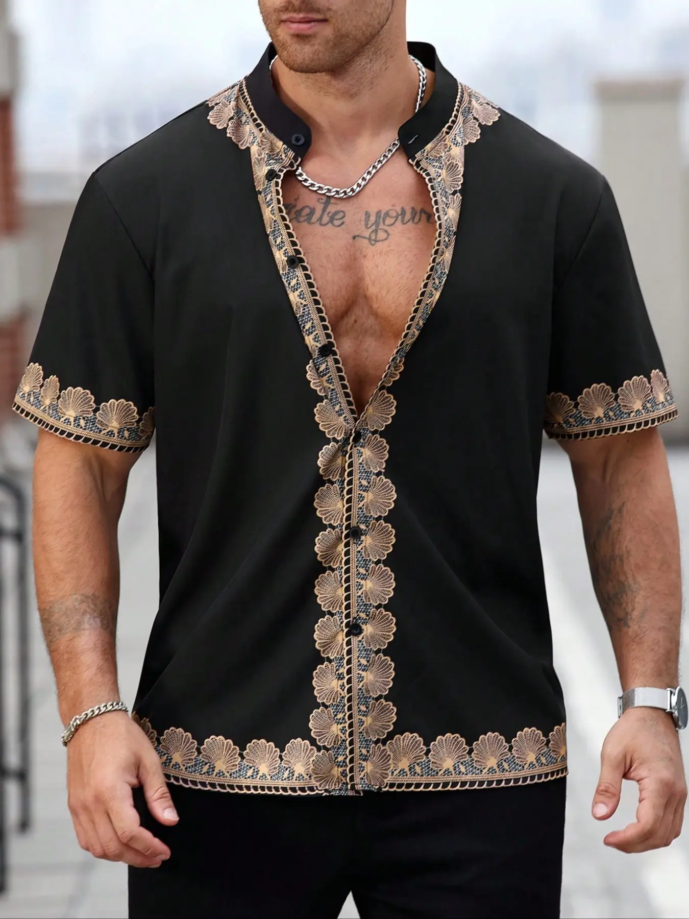 Men's Classic Ethnic Style Jacquard Shirt, Fitted Summer Short Sleeve Tee, Geometric Print, Button Collar, Ideal for Casual & Beach Wear, Casual Fashion Wear