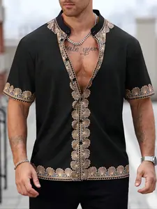 Men's Classic Ethnic Style Jacquard Shirt, Fitted Summer Short Sleeve Tee, Geometric Print, Button Collar, Ideal for Casual & Beach Wear
