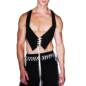 INCERUN Rave Festival Men's Cropped Lace Up Vest Sexy Deep V Cut Out Tank Top Sleeveless Shirt for Club Performance Costume