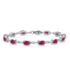 Gem Stone King 925 Sterling Silver Red Created Ruby and White Moissanite Tennis Bracelet For Women (6.91 Cttw, Gemstone Birthstone, Oval 6X4MM, 6.5, 7, 7.5 Inch)