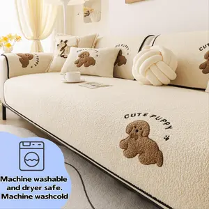 1PC Cute Puppy Sherpa Sofa Cover, Pet-Friendly Non-Slip Couch Cover, Thick Warm Teddy Fleece Sofa Protector, Machine Washable & Dryer Safe , Anti-Scratch Furniture Protector for Dogs & Cats, Fits 1/2/3/4-Seater, Sectional, L-Shaped, Soft Sofa Protector