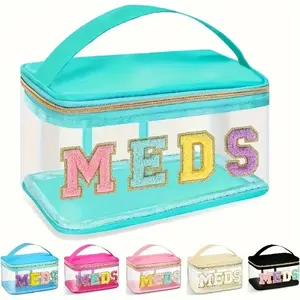 Transparent Waterproof PVC Cosmetic Bag with Plush Chenille "MEDS" Letters - Portable Large Capacity Travel Storage Bag with Zipper Closure, Easy to Clean - Medicine Bag for Women, Nurses and Patients, Toiletry Travel Bag