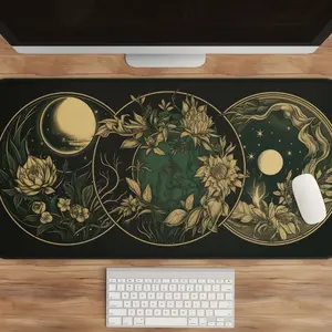 Celestial Moon Phases Nouveau Witch Aesthetic Desk Mat, Green Dark Academia Mouse Pad, Keyboard Mat, Cottagecore Desk Mat For Office, Gift For Gamer