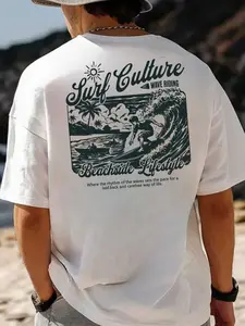 Unisex Surf Culture Vintage Graphic Print Short Sleeve T-Shirt, American California Beach Style, Loose Fit Round Neck Top, Summer Casual Wear