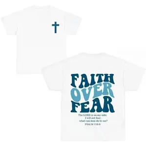 Youth 2 Sided Faith Over Fear Christian T-Shirt, Bible Verse Print Tee, Short Sleeve Cotton Casual Shirt for Youth - Menswear Top