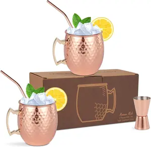 Moscow Mule Mugs Set of 2  Hammered Copper Cups with Stainless Steel Lining, 2 Straws & Jigger  Barware  Set for , Weddings,  Entertaining