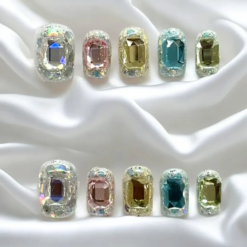 【FULLY ENCRUSTED DIAMOND】Luxury Diamonds Sparkle Princess Nails needlepoint  Handmade Press on Nails Nail Art cat eye Stunning  Butterfly charms with Accents Colorblock Bow Rhinestone Glossy Water Ripple French kit nail glue on nail tip piggy reusable