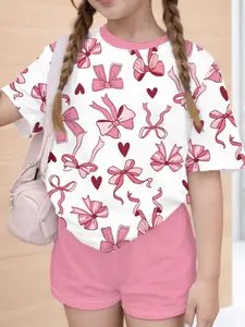 Heart and Ribbon Pattern Girl 2-Piece Set, Short Sleeve T-Shirt and Shorts, Casual Minimalist Style, Perfect for Summer